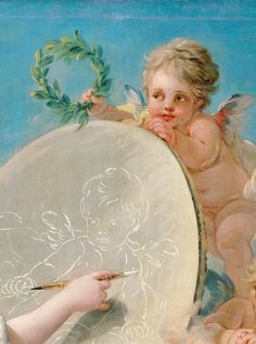 a painting of an angel holding a drum with a child on it's back