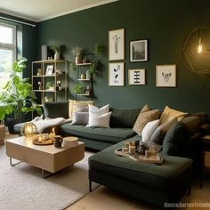 a living room filled with lots of green furniture