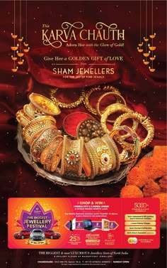 an advertisement for the karwa chauth festival in india with gold jewelry on it