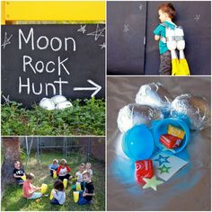 a collage of photos with children playing in the yard and moon rock hunt written on it