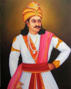 an oil painting of a man dressed in white and orange clothing with his hands on his hips