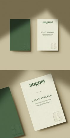 three different business cards on top of each other with the words august written in green