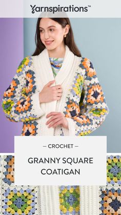 a woman wearing a crochet granny square coat with text overlay that reads, crochet granny square coat