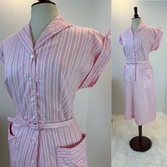 1940s Dress / 40s dress / 1940s fashion / 1940s striped dress / 1940s day dress / 1940s summer dress / vintage dress / vintage striped dress This beauty was made by Cotton city and has fantastic 1940's summer style. She is a red and white striped classic 1940's daydress cut. She has red stripes and alternating red X and dots. I adore her spiked collar, cuffs and button placket.  She has two hip pockets, her original waist tie, pearlized buttons and so much 1940s style.    Measurements provided are flat and have been doubled. Bust 45" Waist 36" Hips 47"   Length 43" note: belt is set to 30.5"-34.5" ❤️ Condition: Excellent vintage condition. Flaw: none found. This item has been cleaned, it smells wonderful and is ready to wear. $188 includes domestic shipping and insurance. International shi 19402 Dress, 1940 Shirt Women, 1940s Color Block Dress, 1940s Pink Dress, Vintage Striped Dress, 1940s Shirtwaist Dress, Dresses 40s, 40s Dress, Fashion 1940s