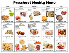 a printable preschool lunch menu with pictures of different foods and drinks to eat on the day