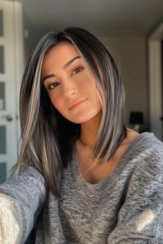 40+ Chic Silver Highlights and Gray Blending Ideas for Dark Hair - Flo's Blog Gray Highlights On Black Hair, Brunette Grey Blending, Hiding In The Shadows, Gray Blending, Ideas For Dark Hair, Gray Balayage, Silver Highlights, Black Hair With Highlights, Dark Hair With Highlights