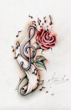 a tattoo design with music notes and a rose