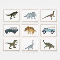 six different types of dinosaurs and trucks