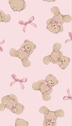 a pink background with teddy bears and bows on it's sides, all in different sizes