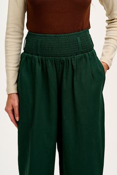 Our Alexa Trousers Come With A Comfortable Elasticated Waist And A Loose Fitting Tapered Leg. Available Here In Posy Green! Our Fit High Waisted Deep Shirred Fully Elasticated Waistband To Sit Over The Waist Loose Fitting Around The Hips Tapered Full Length Leg With Room To Roll Deep Side Pockets The Fabric Made From 100% Gots-Certified Organic Cotton Twill Yak Care Machine Washable Cool Iron On Reverse Modelled By Fifi, Uk 6-8, 5Ft 6, Waist 26", Wears S (Reg) Lucy, Uk18, 5Ft9.5, Waist 36", Wear Hair Socks, Dungarees Shorts, Jumpers And Cardigans, Hat Hairstyles, Playsuit Jumpsuit, Long Tops, Short Tops, Sweater Hoodie, Sweater Cardigan