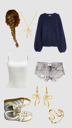 an assortment of clothing and accessories including shorts, top, sweater, shoes and necklaces