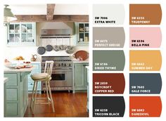 the kitchen is painted in different shades