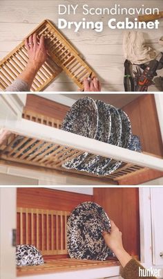 the instructions for how to clean and dry dish dishes on a rack with wooden slats