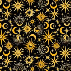 the sun, moon and stars pattern on black background