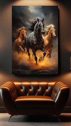 three horses running in the sky on a canvas