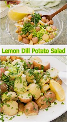 lemon dill potato salad is shown in two separate pictures, and then on the same plate