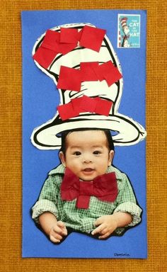 a child wearing a cat in the hat cutout on a blue card with red bow tie