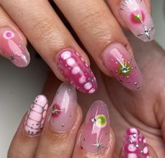 Pink And Green Short Nails, Pink Funky Nails, Long Nails Aesthetic, 80s Nails, Pink Nail Inspo, Cruise Nails, Nails Only