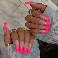 Pink Tip Nails, French Tip Nail Designs, Hot Pink Nails, Glamour Nails, French Tip Acrylic Nails, Summer Acrylic Nails, Pink Nail, Pink Acrylic Nails, Neon Nails