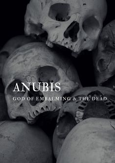 skulls piled on top of each other with the words anubis god of embaling and the dead