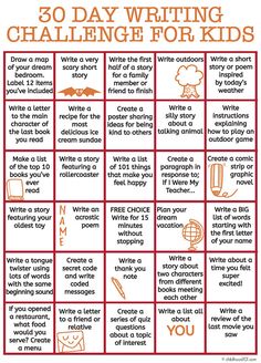 the 30 day writing challenge for kids is shown in red and white with orange lettering