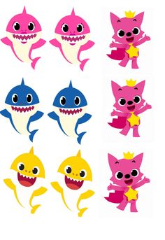 some cartoon sharks with different colors and sizes