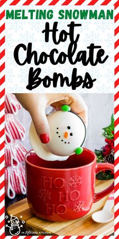 melting snowman hot chocolate bonbs in a red mug