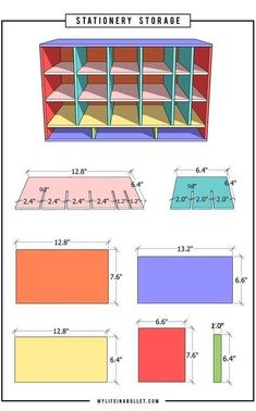 the plans for an office storage unit are shown in blue, yellow and pink colors