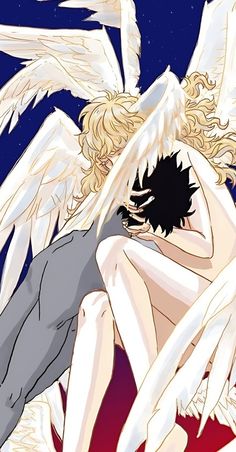 an image of two people with angel wings on their back and one person hugging the other