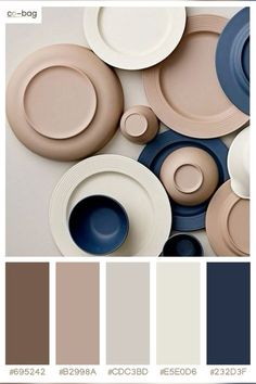 an assortment of plates and bowls are shown in shades of beige, blue, and brown