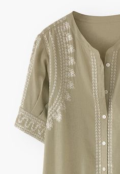 Linen Embroidery Kurta, Geometrical Embroidery Designs, Top Embroidery Designs, Geometric Embroidery Designs, Embroidery Kurti Design, Embroidery Dress Designs, Embroidery On Sleeves, Wrap London, Linen Sundress