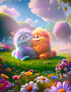 two furry animals sitting on top of a lush green field next to flowers and trees