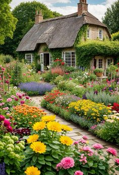 a garden filled with lots of flowers next to a house