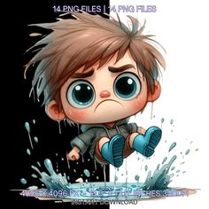 an image of a cartoon character with blue eyes and hair, running through the water