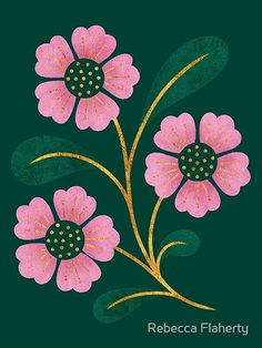 pink flowers with green leaves on a dark green background, painted in gold and black