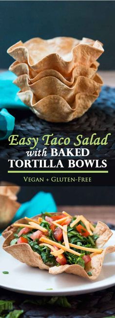 easy taco salad with baked tortilla bowls is the perfect appetizer for any party