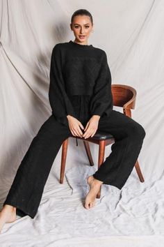 Black Leather Pants, Ribbed Knit Sweater, Light Wash Denim