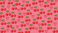 cherries on a pink background with hearts in the shape of heart's and leaves