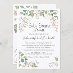 a baby shower by mail card with pink and green leaves