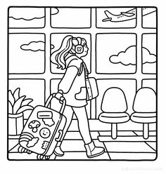 a woman with a suitcase is walking in front of the window coloring page for kids