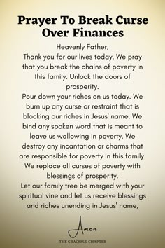 a poem written in black and white with the words prayer to break curse over finance