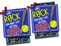 two signs with baseballs and bats on them that say you rock now make that softball pop