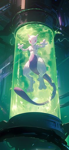 an animated image of a white cat in a green cylinder with neon lights around it