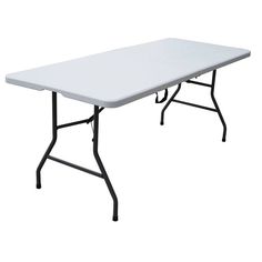 a white rectangular table with black legs