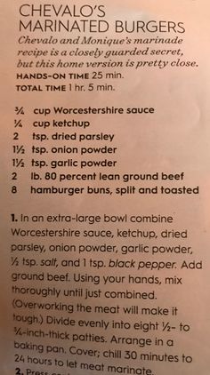 the instructions for how to make cheesy marinated burgers on a sheet of paper