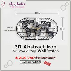 Wall Watch 3d Abstract, Acrylic Shapes, World Map Wall, Online Wall Art, Map Wall, Iron Art, Metal Wall Clock, Iron Wall