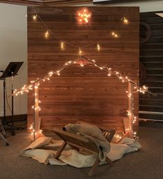 a bed with lights on it in a room