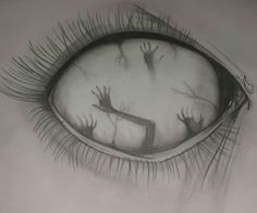 a drawing of an eye with long lashes and hands coming out of the iris area