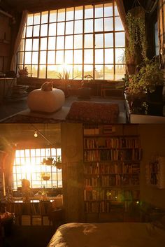 two pictures of the inside of a room with windows and bookshelves in it