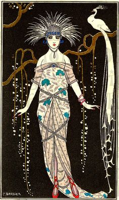 a woman in an art nouveau dress with a bird on her shoulder